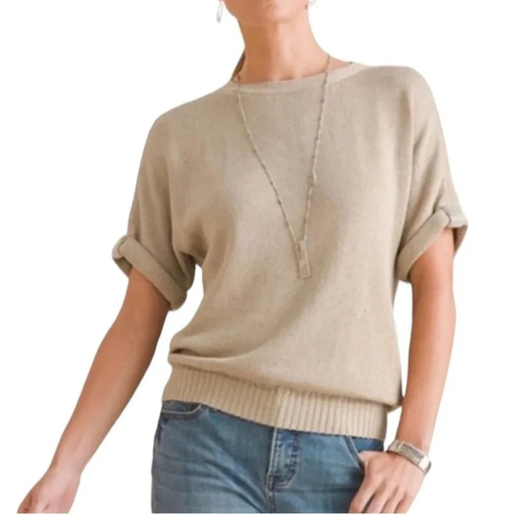 Chico’s Linen-Blend Caviar Trim Short Banded Sleeve Pullover Sweater Top Size 3 - Picture 1 of 13